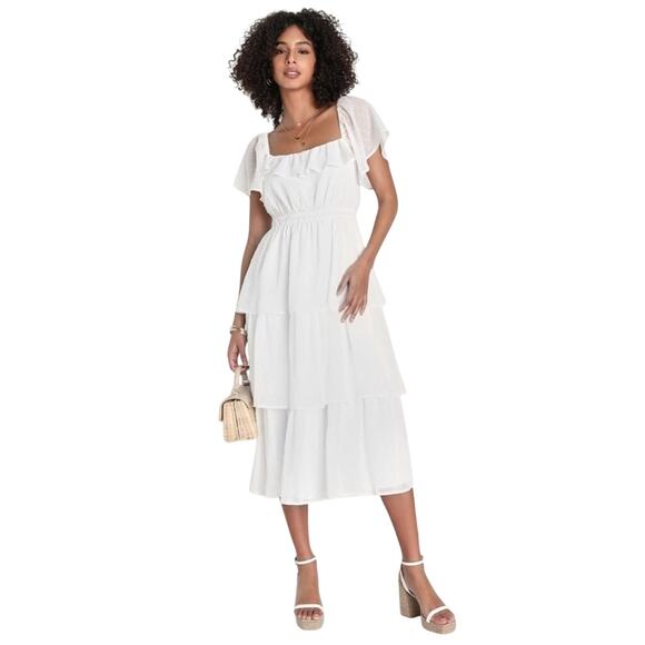 Lulus Ivory Swiss Dot Tiered Midi Dress Small Bridal Shower Summer - Picture 1 of 7